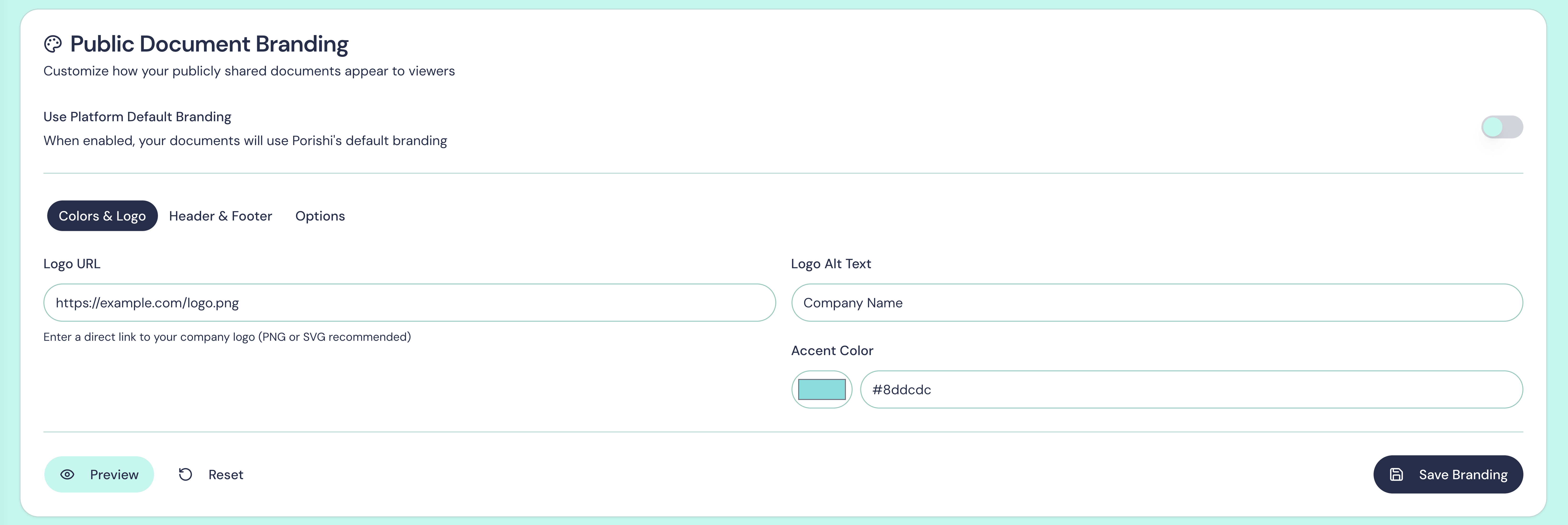 Public branded policy share with custom logo and colors